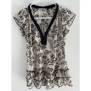 Vintage Top Womens‎ 10 Black White Floral Sheer Babydoll Fairy Artsy Y2K Flutter
